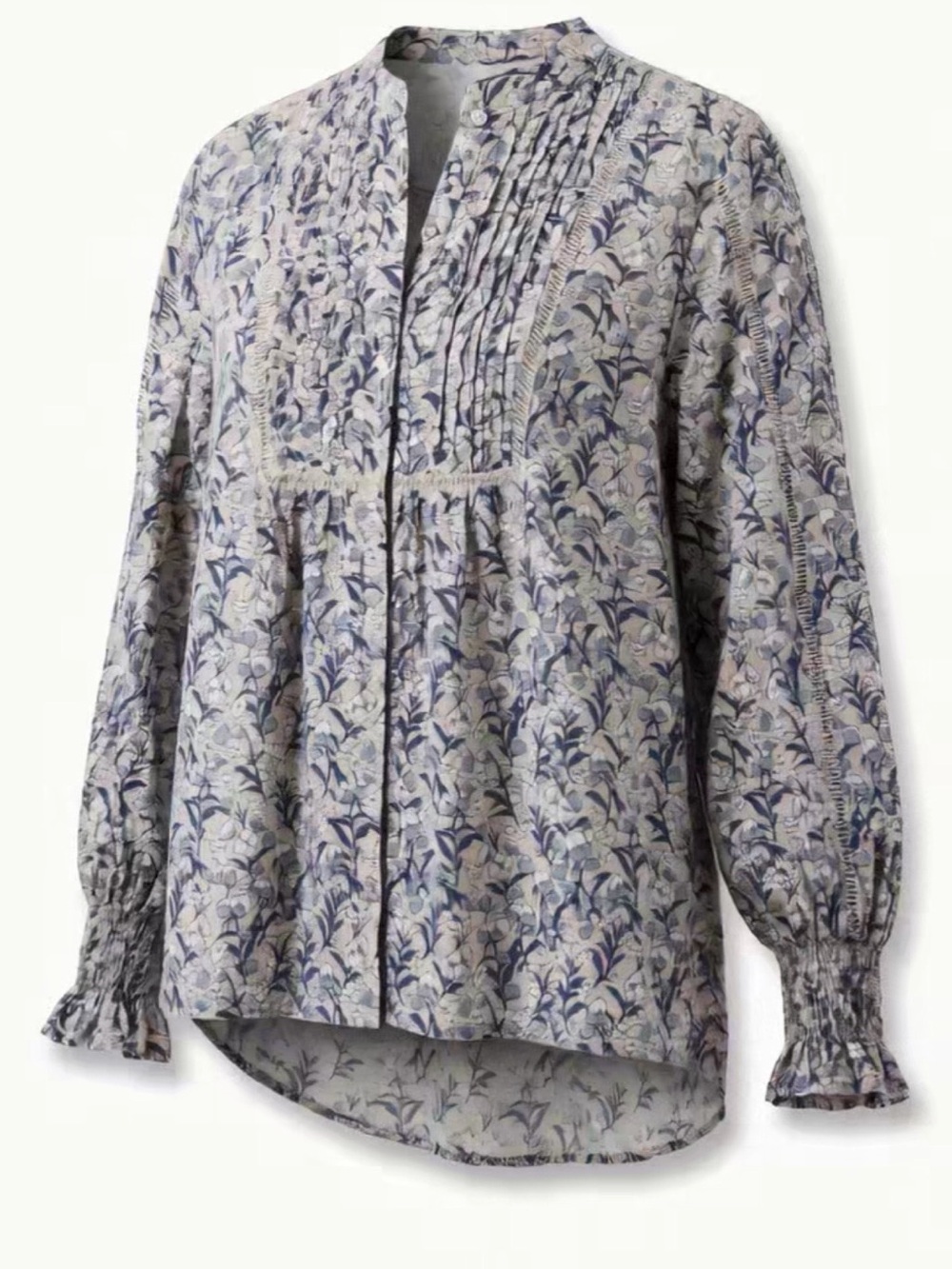 NWT BOHME Navy Floral Pintuck Cotton Blouse with Cream Background